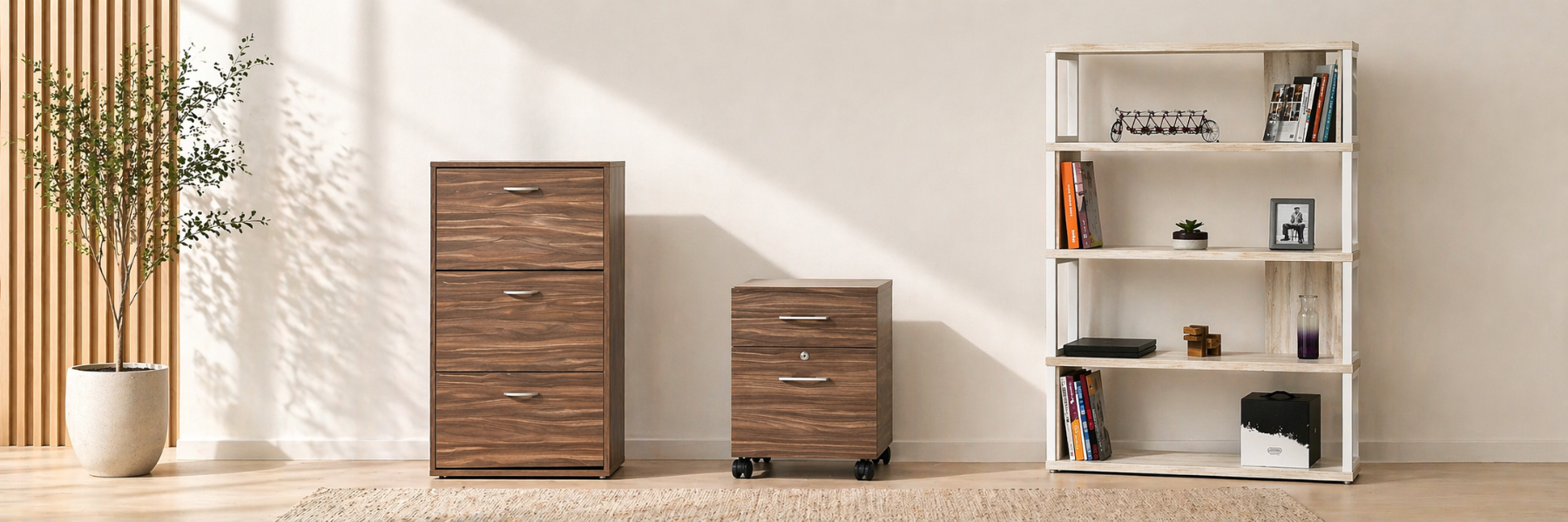 Conjunto de muebles de oficina que incluye un archivero de nogal de tres cajones, una cajonera móvil con ruedas y una estantería minimalista blanca con libros y accesorios decorativos.