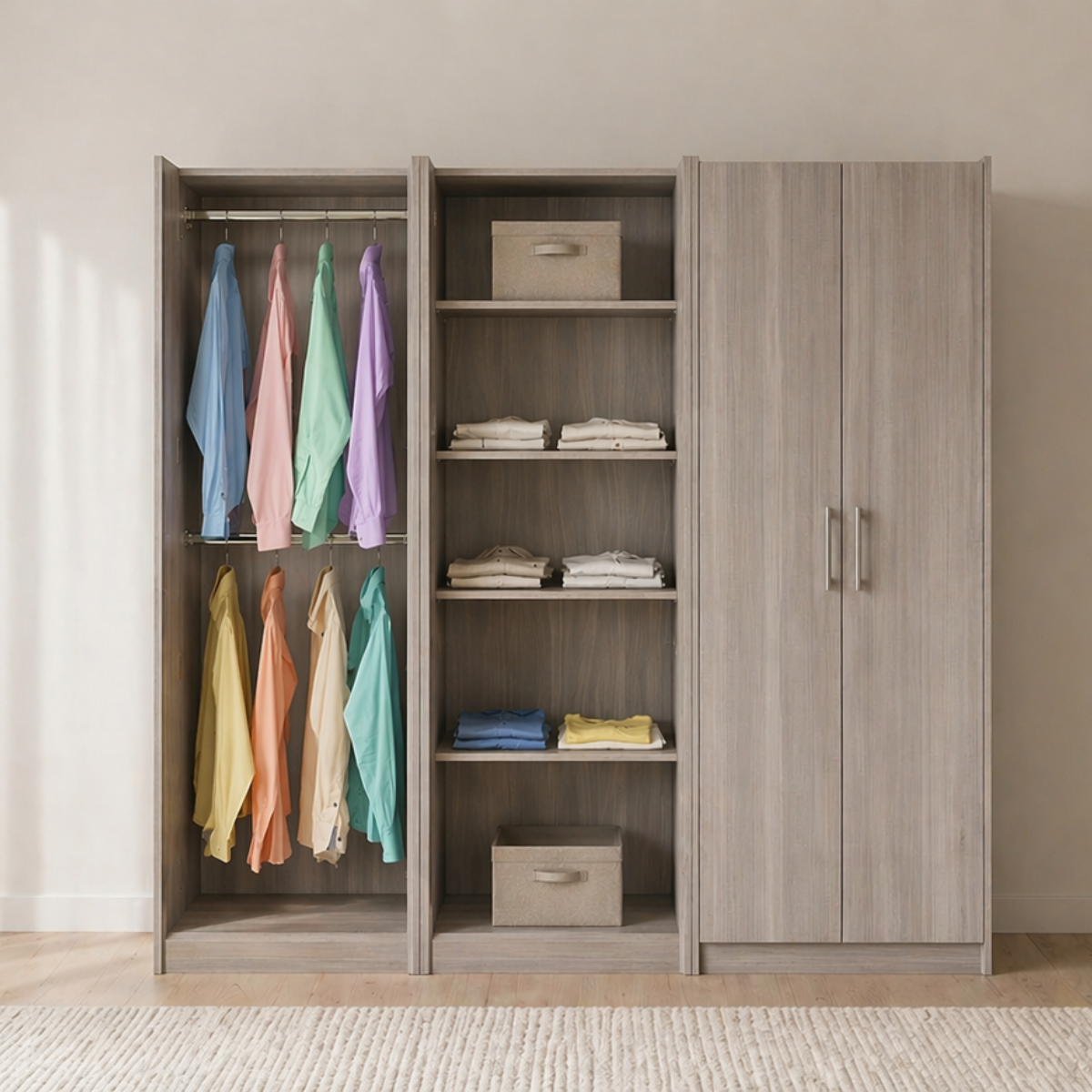 Clóset organizador de madera gris con secciones de colgado para camisas, repisas para ropa doblada y puertas abatibles con jaladeras metálicas.