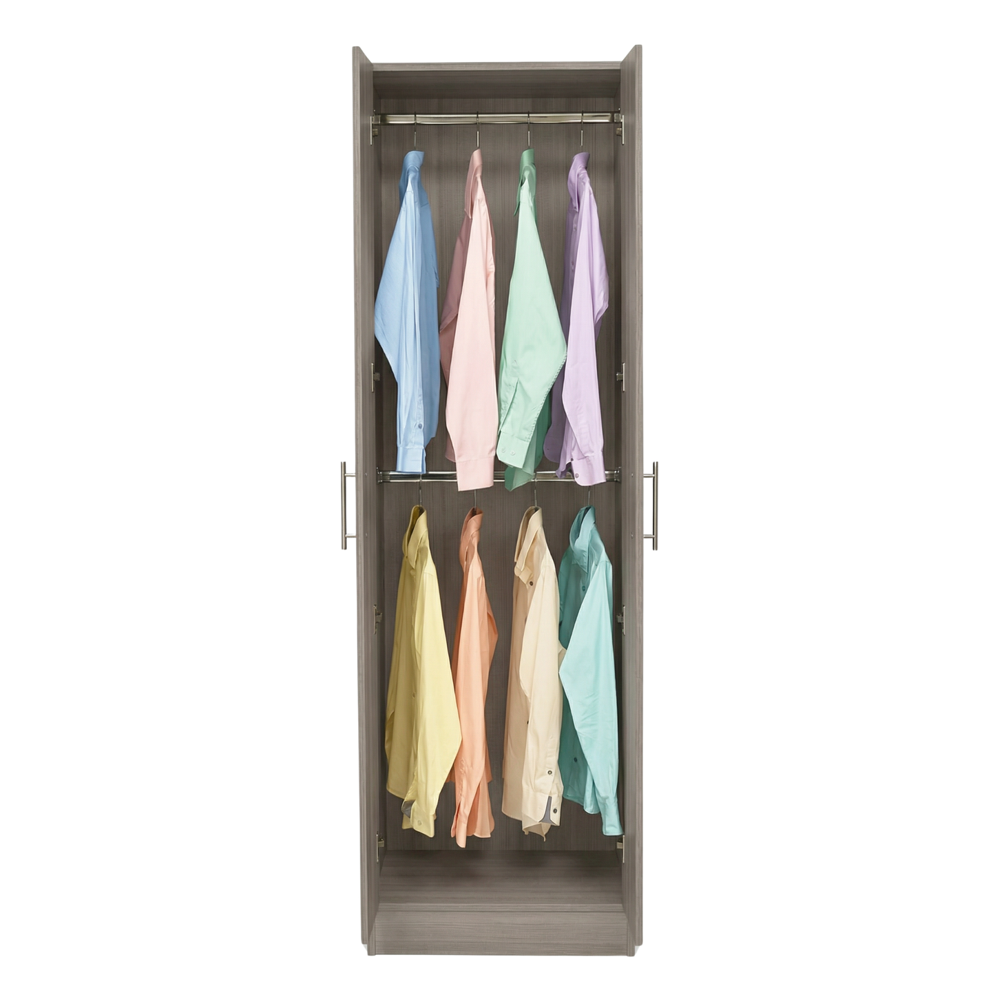 Vista interior de armario colgador color ceniza con doble tubo metálico para ropa y diseño optimizado para espacios pequeños