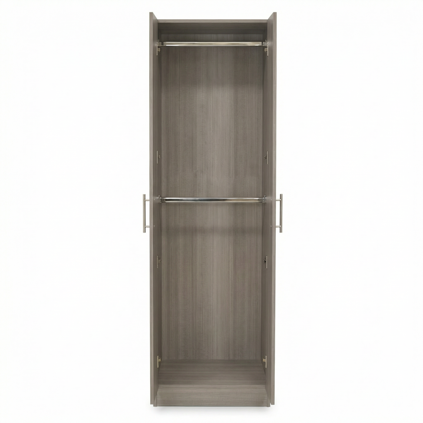 Interior de ropero color ceniza con doble tubo colgador metálico para optimizar el almacenamiento de prendas largas y cortas.