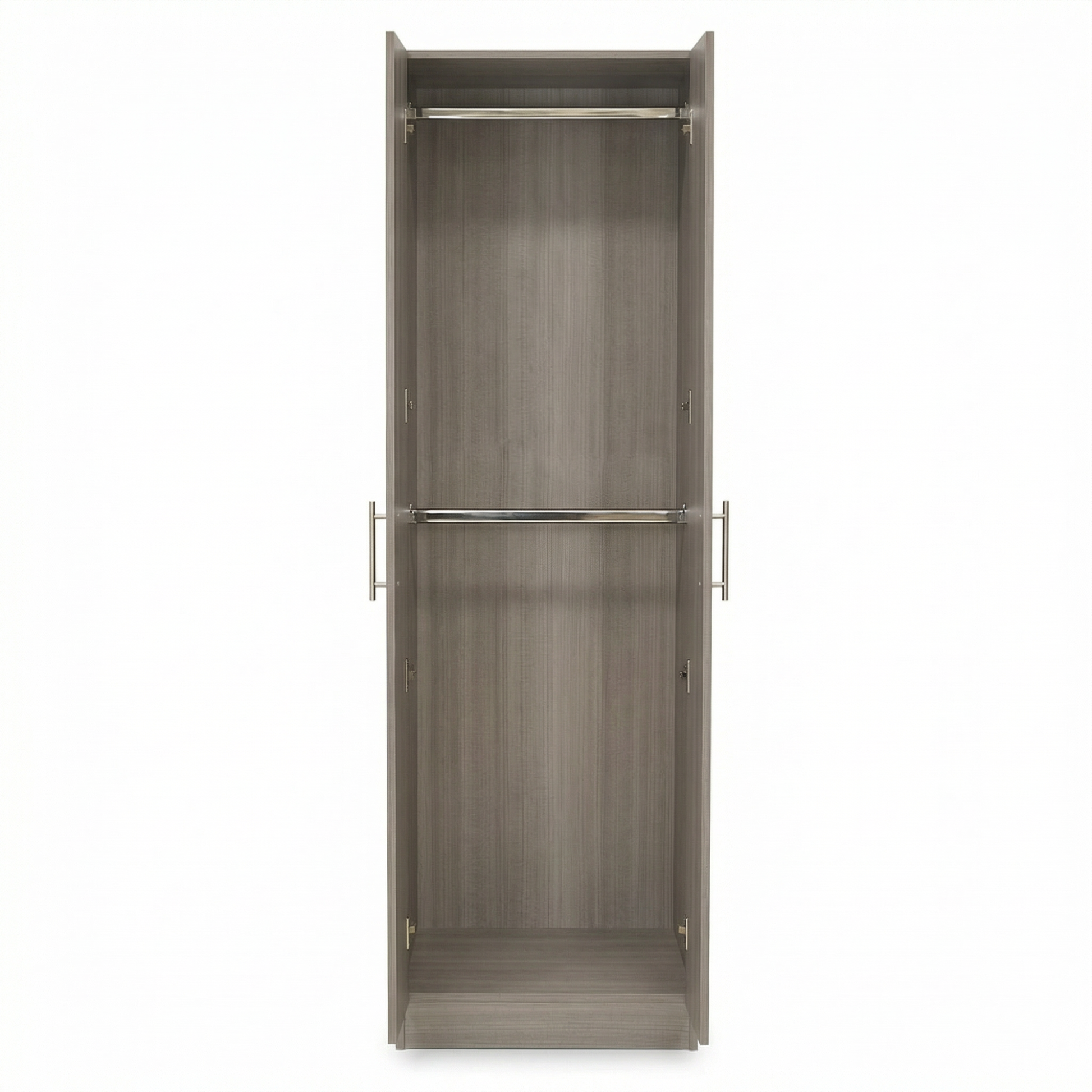 Interior de ropero color ceniza con doble tubo colgador metálico para optimizar el almacenamiento de prendas largas y cortas.