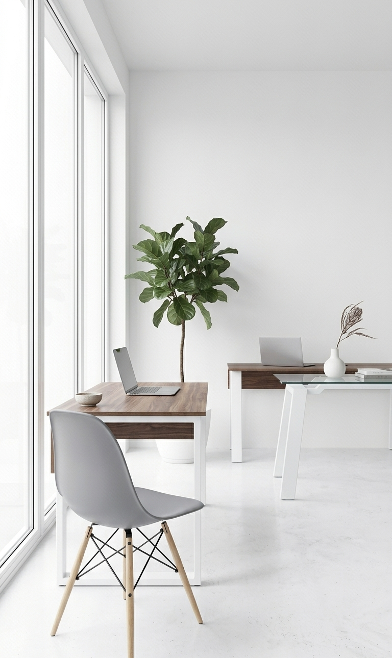Silla de oficina gris frente a un escritorio de madera en un espacio de trabajo minimalista con ventanal amplio y una planta decorativa.