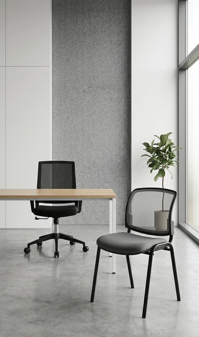 Silla de oficina ergonómica con respaldo de malla negra y silla de visita a juego frente a un escritorio minimalista en un espacio de trabajo moderno.